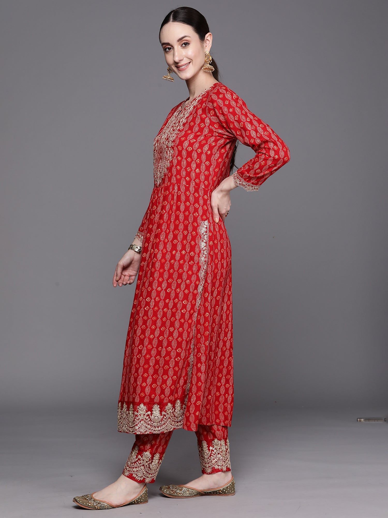 Indo Era Red Printed Straight Kurta Trousers With Dupatta Set