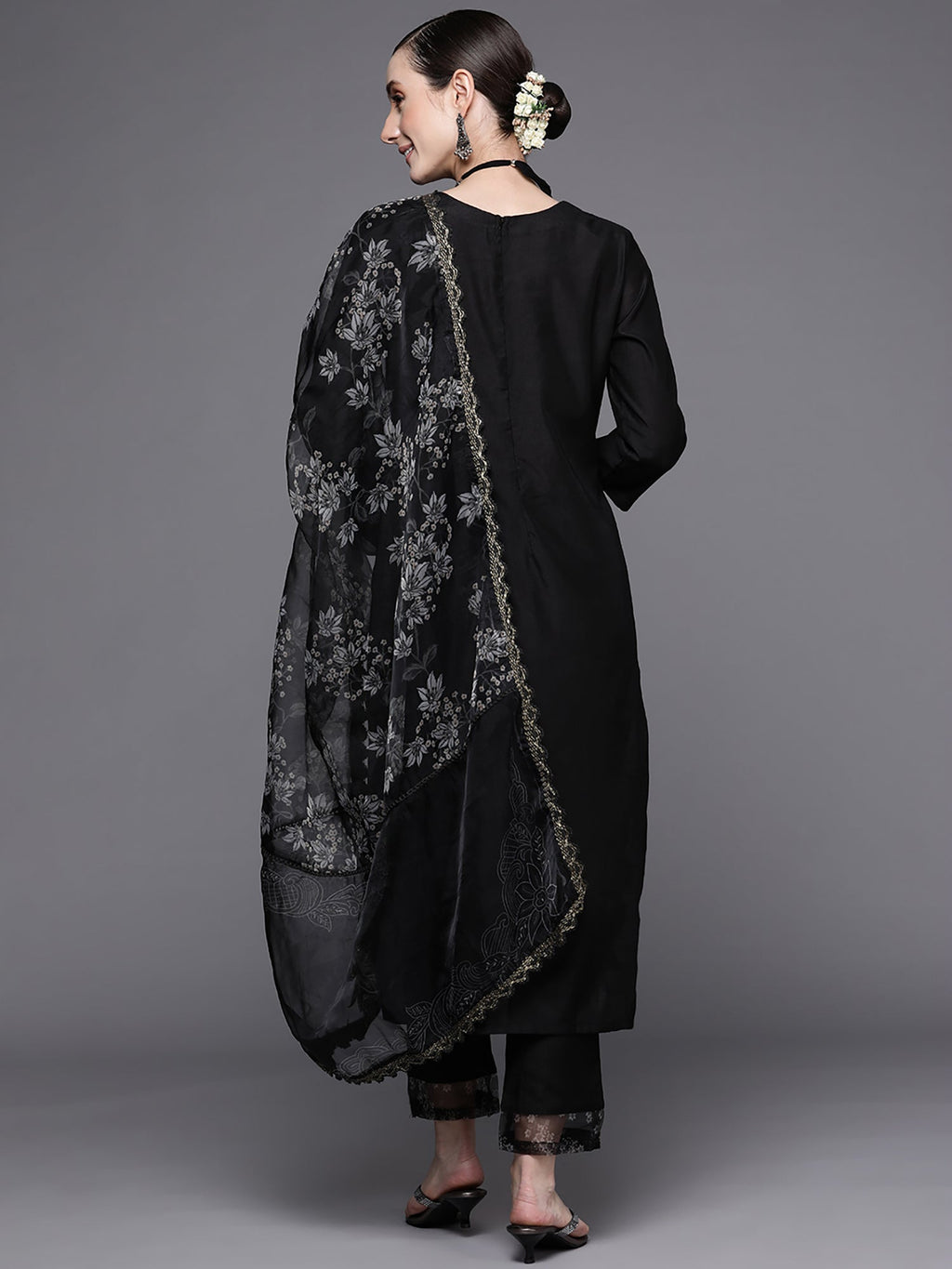 Indo Era Black Embroidered Straight Kurta Trousers With Dupatta Set