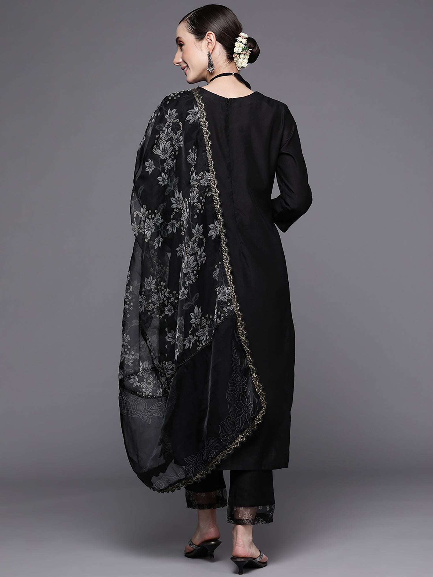 Indo Era Black Embroidered Straight Kurta Trousers With Dupatta Set