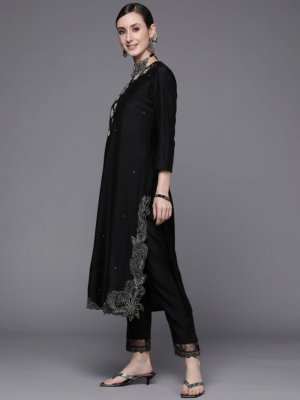 Indo Era Black Embroidered Straight Kurta Trousers With Dupatta Set