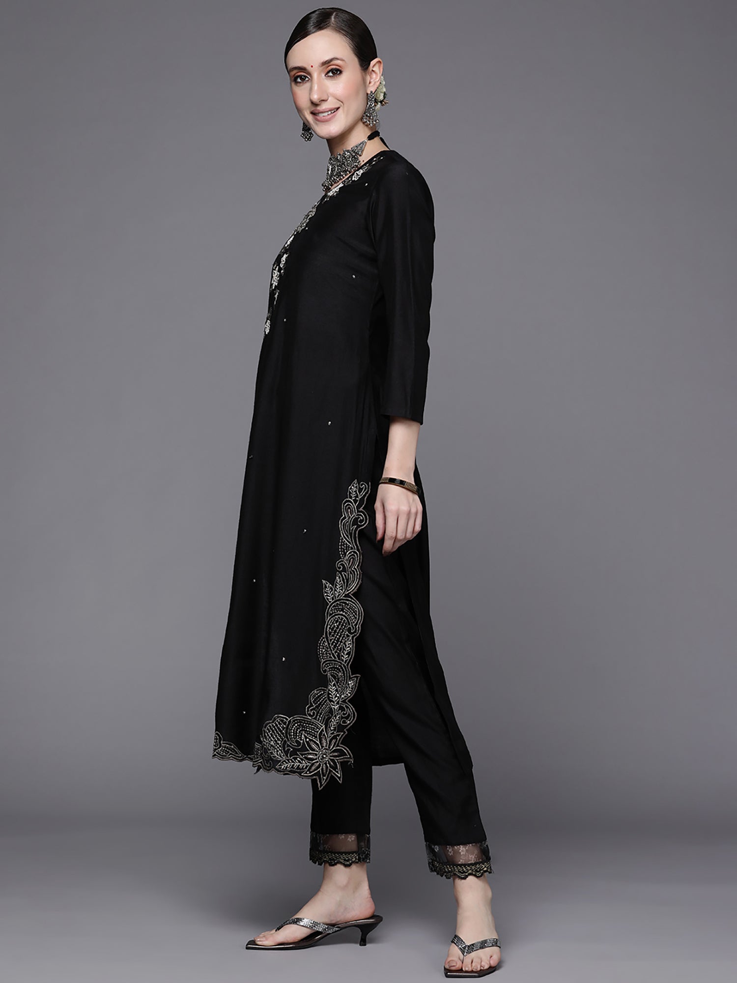 Indo Era Black Embroidered Straight Kurta Trousers With Dupatta Set