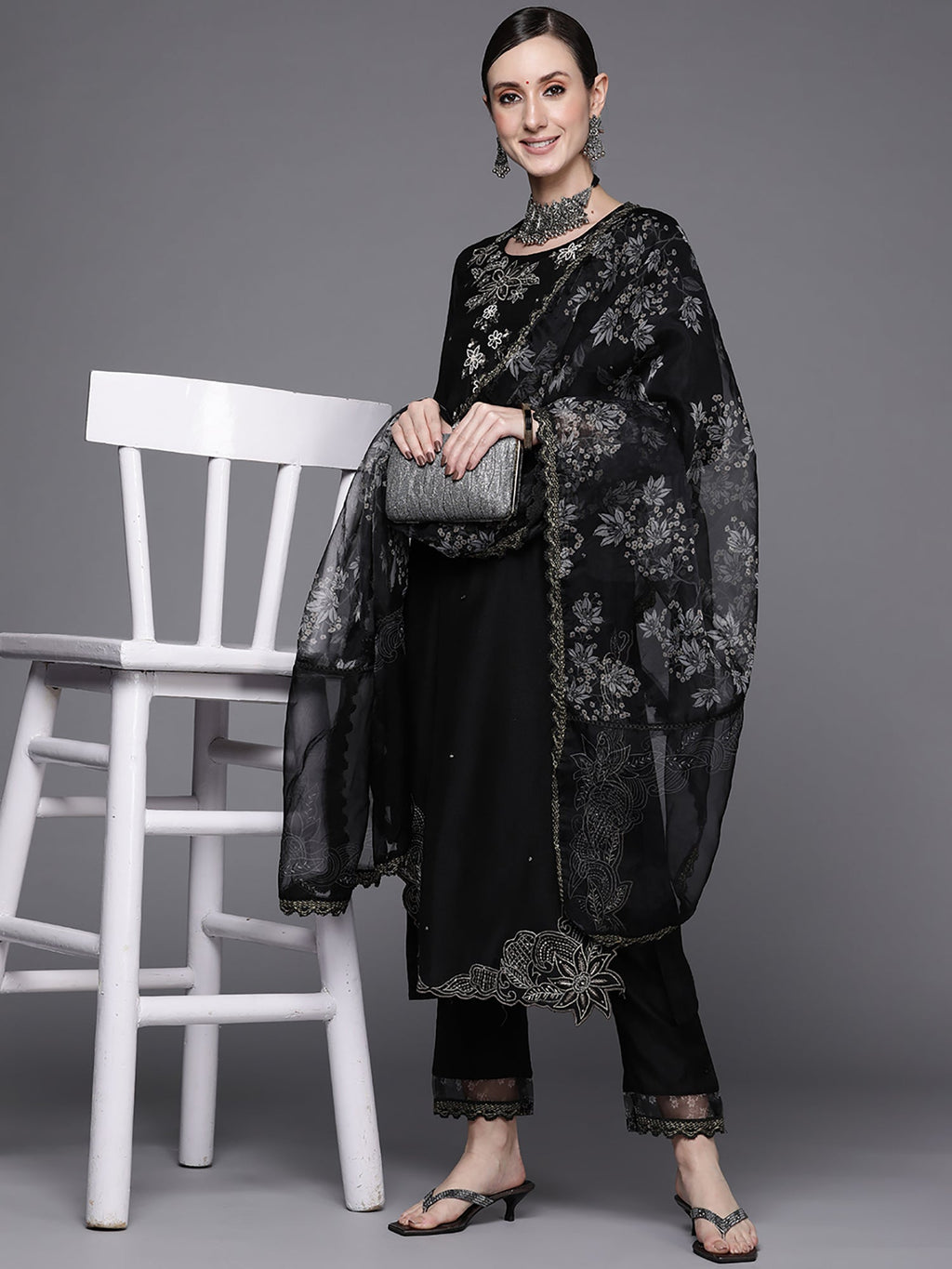 Indo Era Black Embroidered Straight Kurta Trousers With Dupatta Set