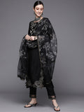 Indo Era Black Embroidered Straight Kurta Trousers With Dupatta Set
