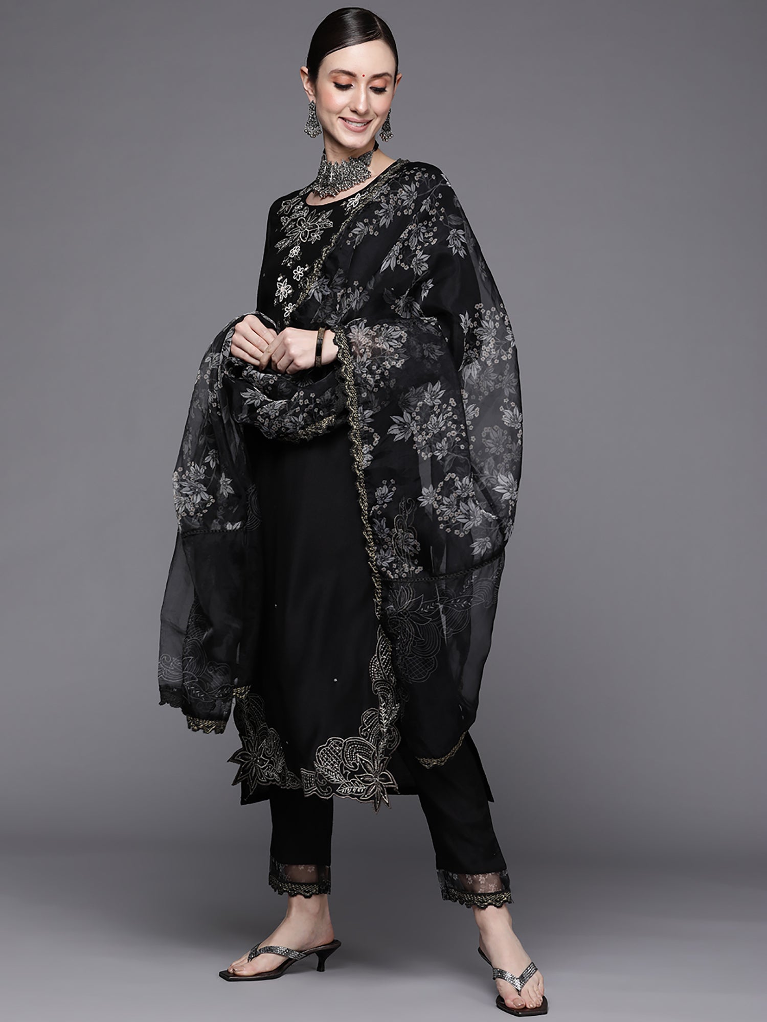 Indo Era Black Embroidered Straight Kurta Trousers With Dupatta Set