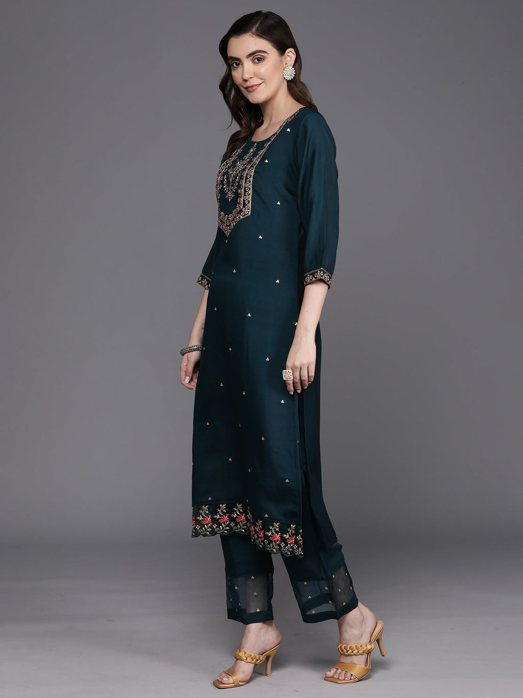 Indo Era Blue Embroidered Straight Kurta Trousers With Dupatta Set