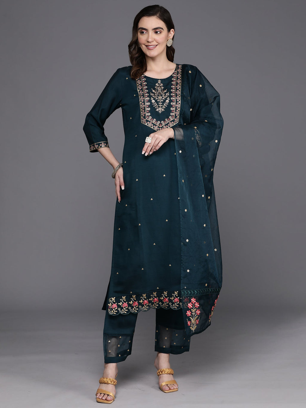 Indo Era Blue Embroidered Straight Kurta Trousers With Dupatta Set
