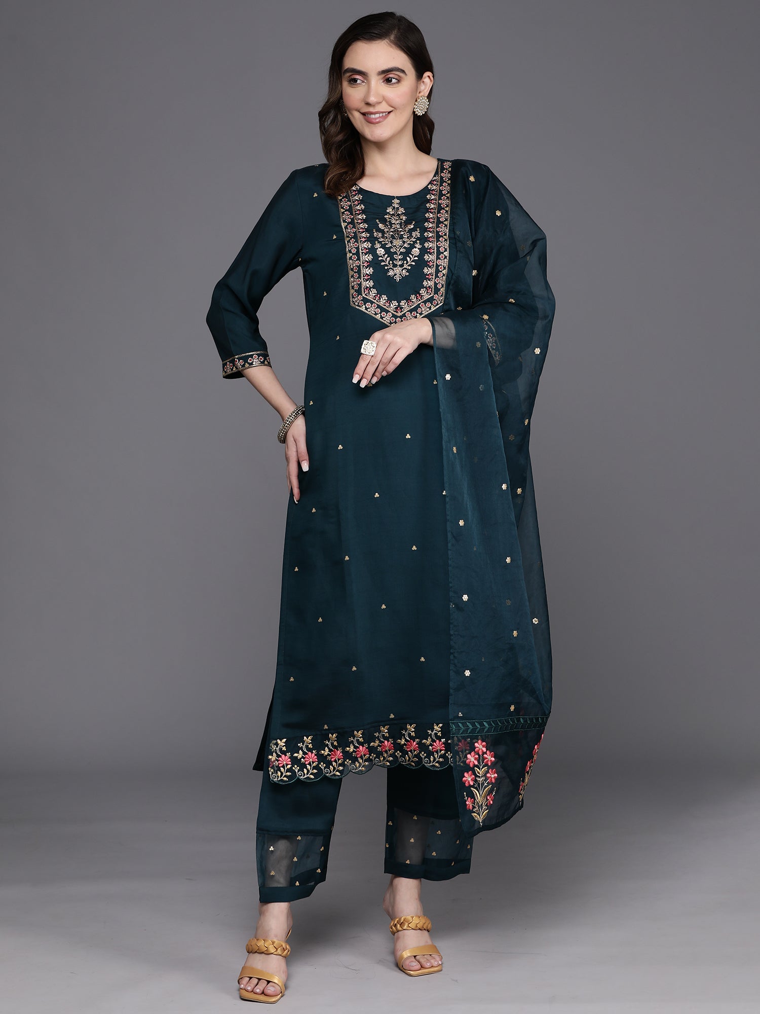 Indo Era Blue Embroidered Straight Kurta Trousers With Dupatta Set