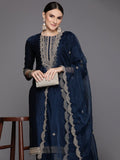 Indo Era Blue Embroidered Straight Kurta Trousers With Dupatta Set
