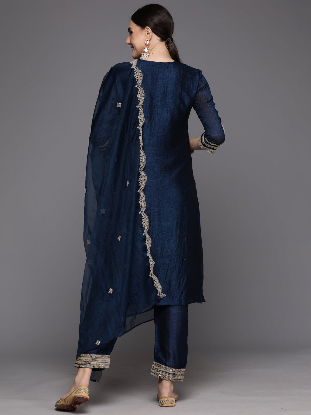 Indo Era Blue Embroidered Straight Kurta Trousers With Dupatta Set