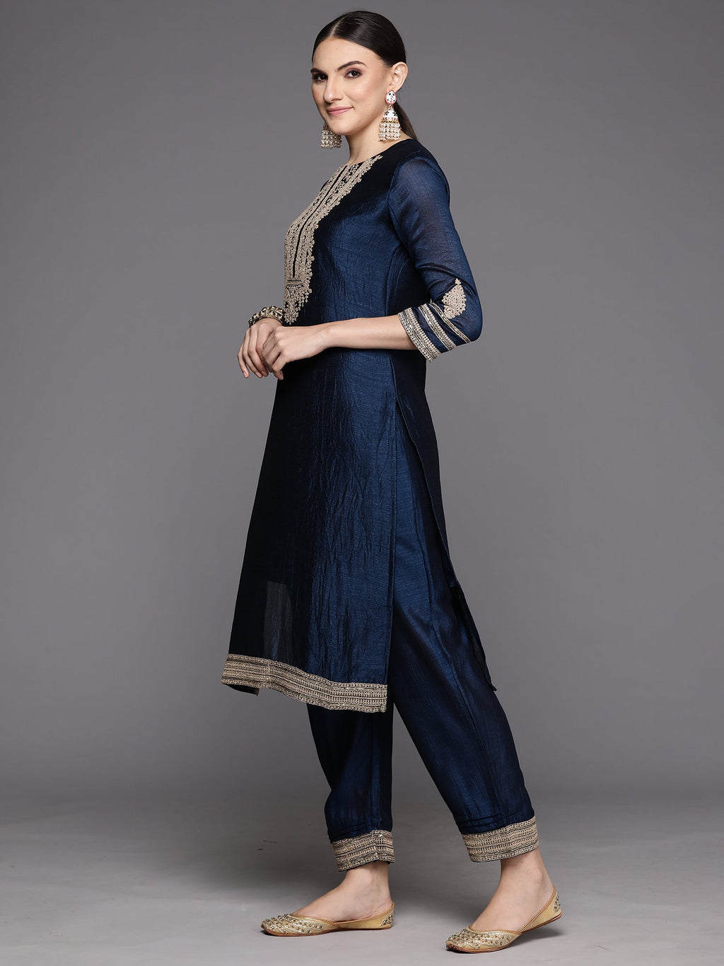 Indo Era Blue Embroidered Straight Kurta Trousers With Dupatta Set