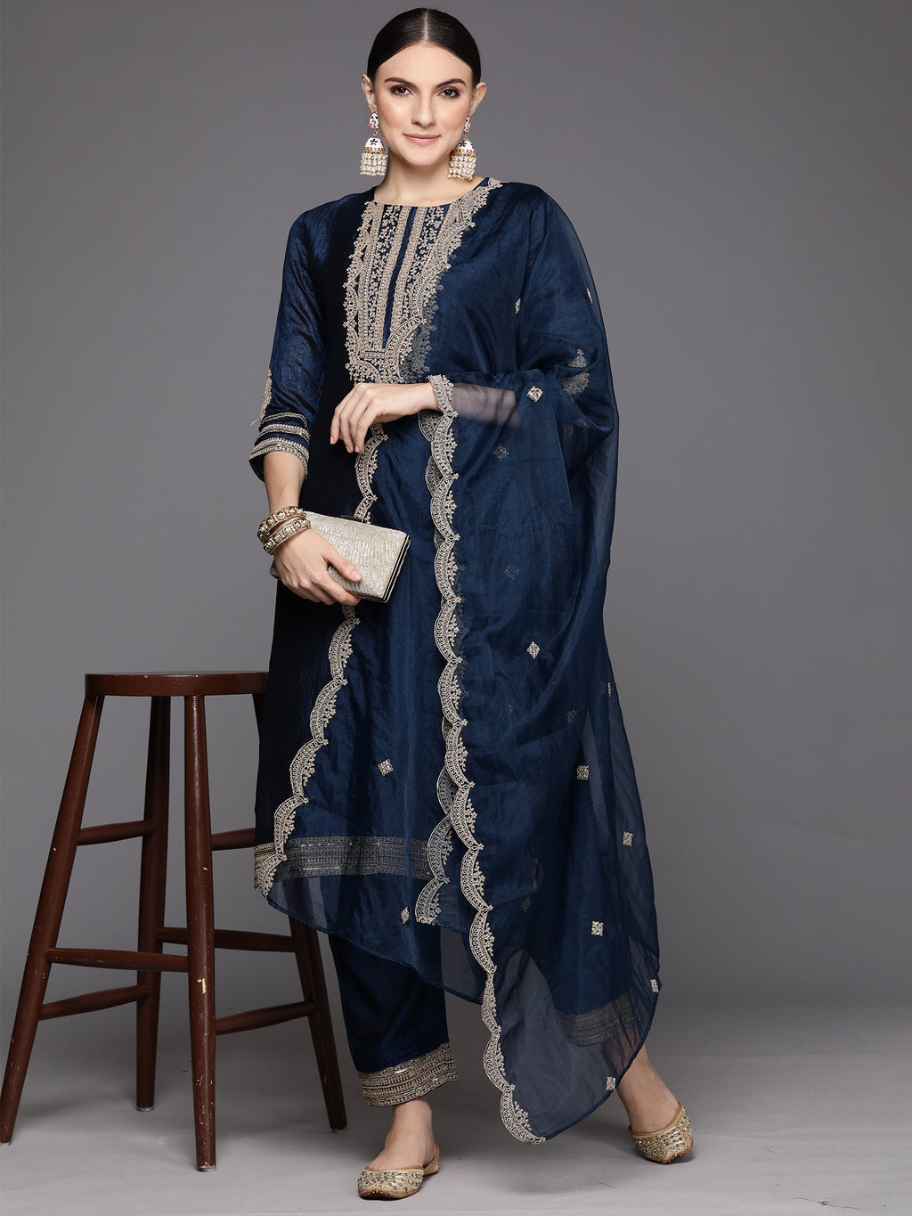 Indo Era Blue Embroidered Straight Kurta Trousers With Dupatta Set