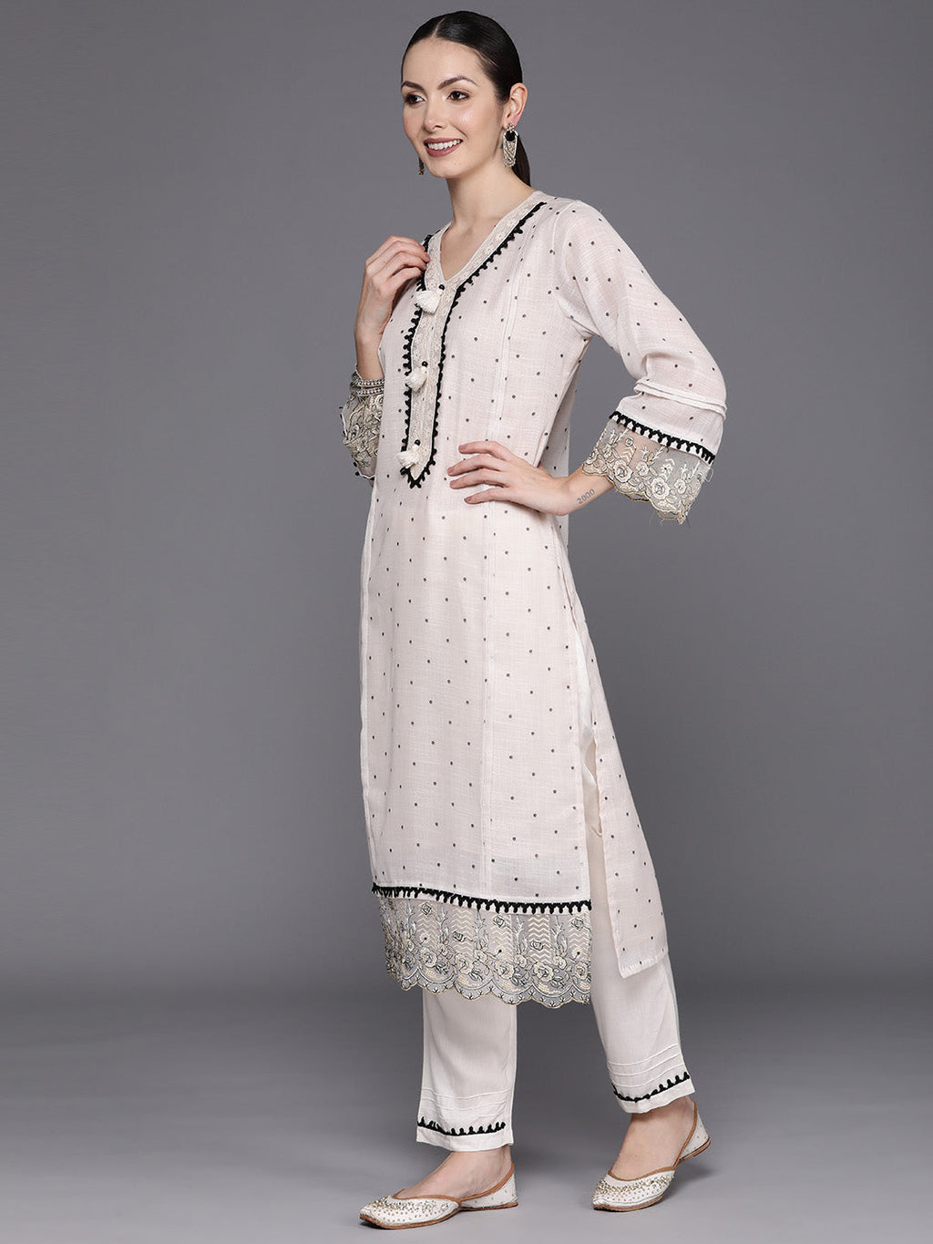 Indo Era Cream Embroidered Straight Kurta Trousers With Dupatta Set