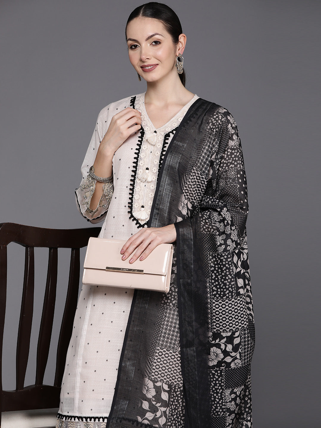 Indo Era Cream Embroidered Straight Kurta Trousers With Dupatta Set