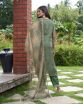 Indo Era Green Embroidered Straight Kurta Trousers With Dupatta Set