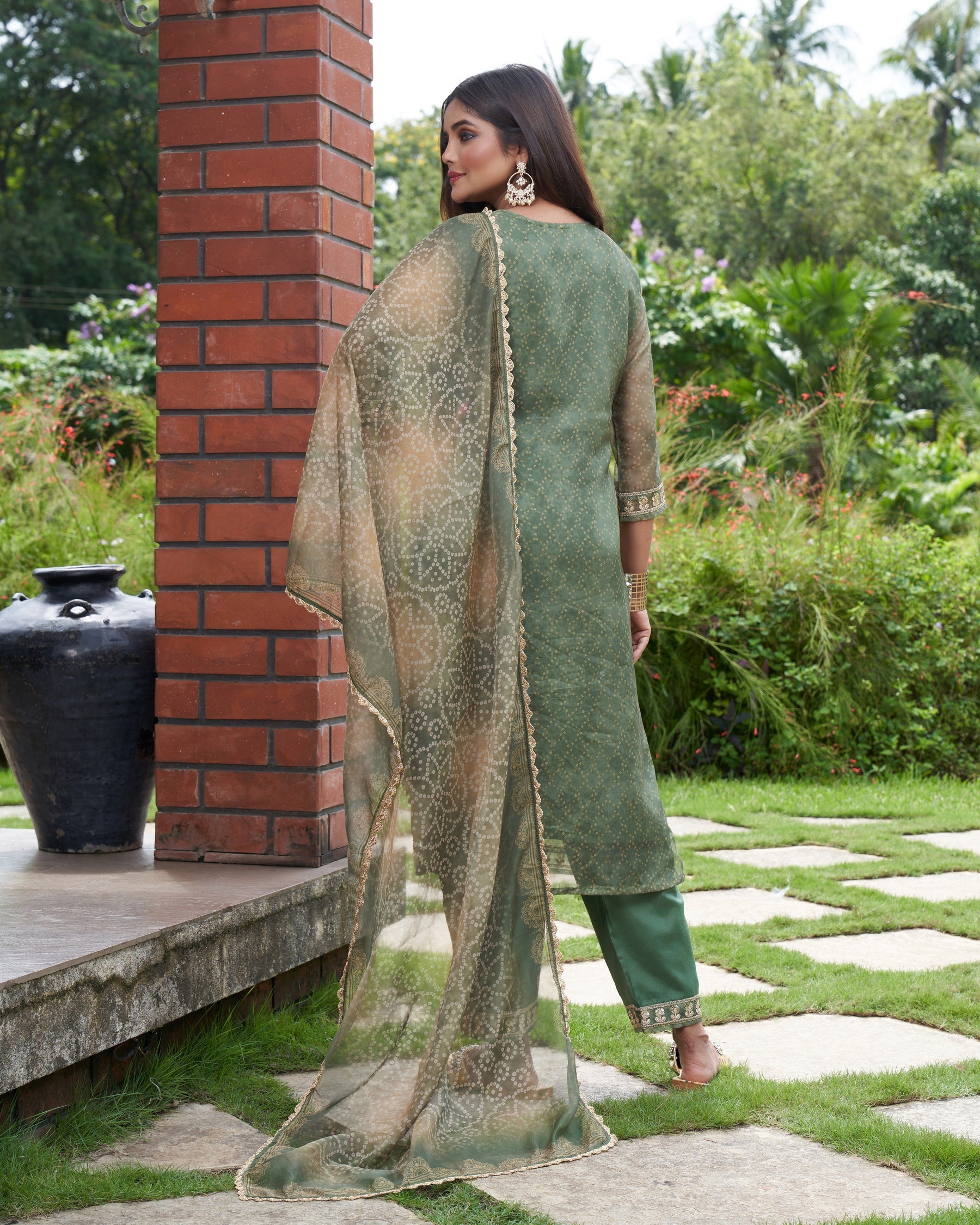 Indo Era Green Embroidered Straight Kurta Trousers With Dupatta Set