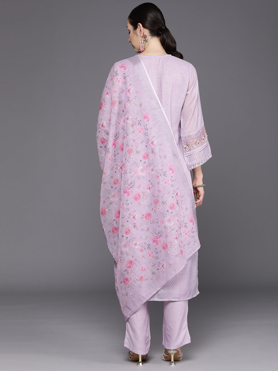 Indo Era Lavender Embroidered Straight Kurta Trousers With Dupatta Set
