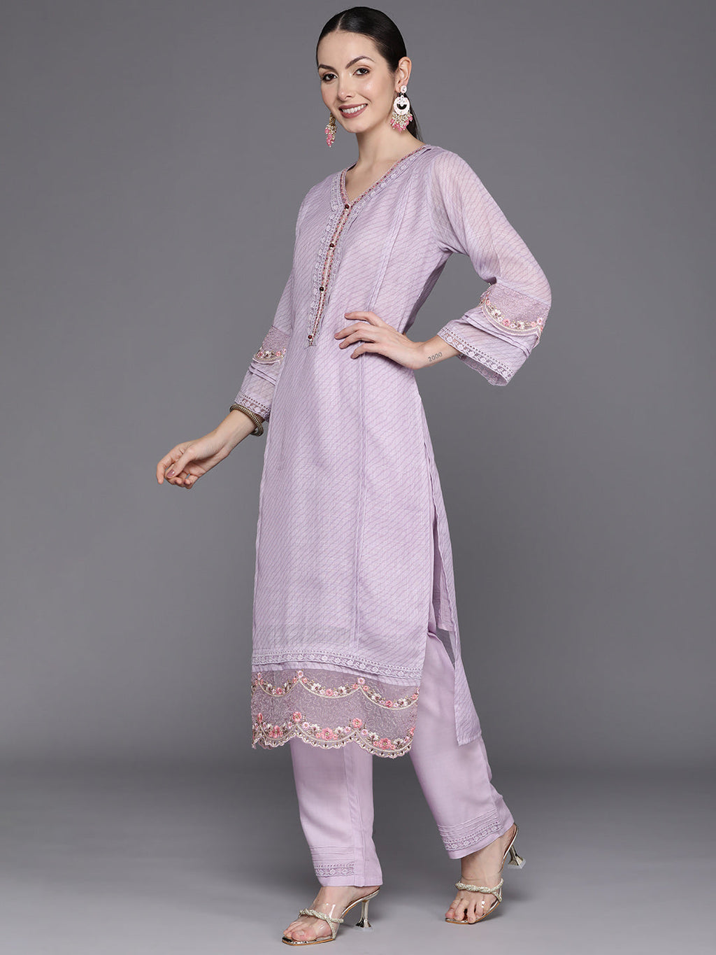 Indo Era Lavender Embroidered Straight Kurta Trousers With Dupatta Set