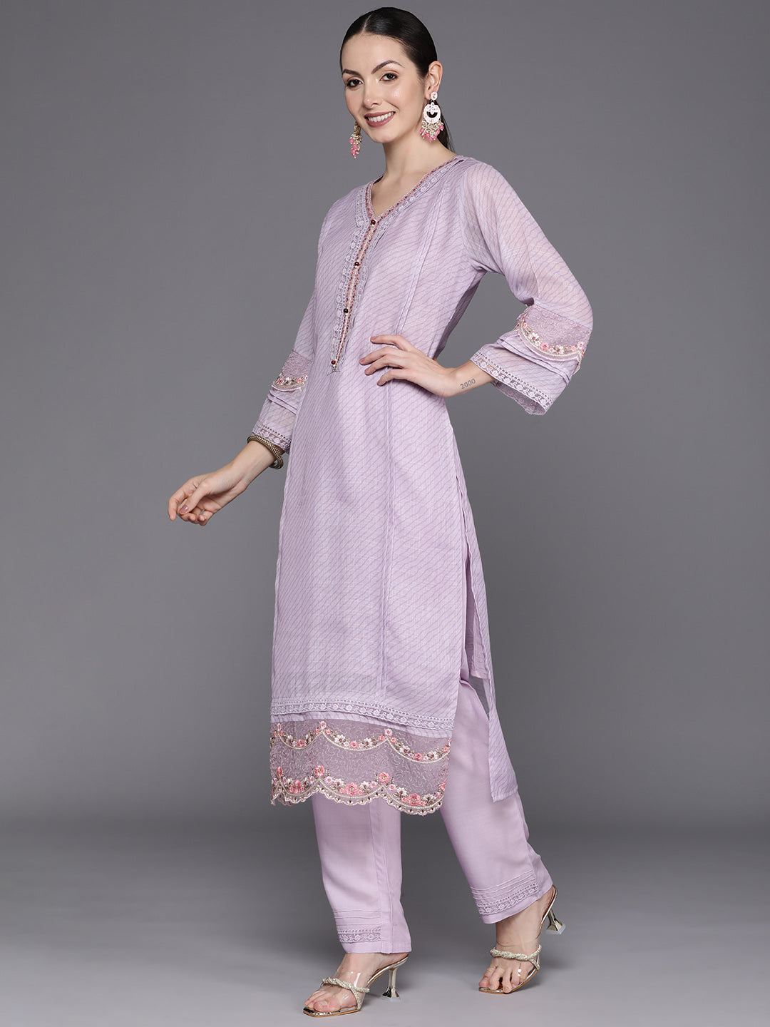 Indo Era Lavender Embroidered Straight Kurta Trousers With Dupatta Set