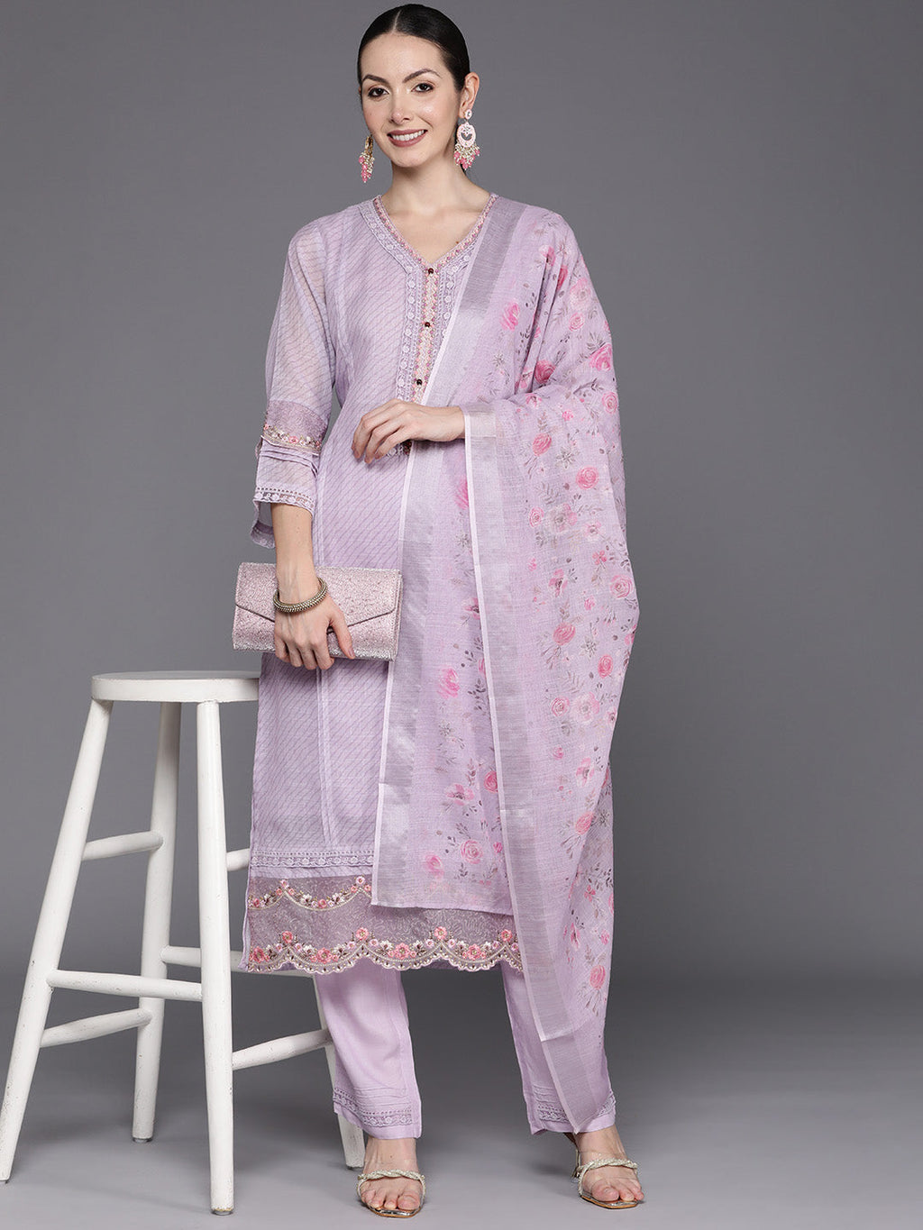 Indo Era Lavender Embroidered Straight Kurta Trousers With Dupatta Set