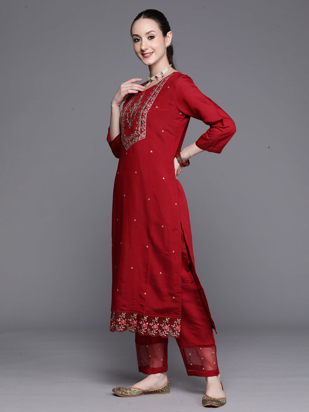 Indo Era Maroon Embroidered Ethnic Straight Kurta Trousers With Dupatta Set