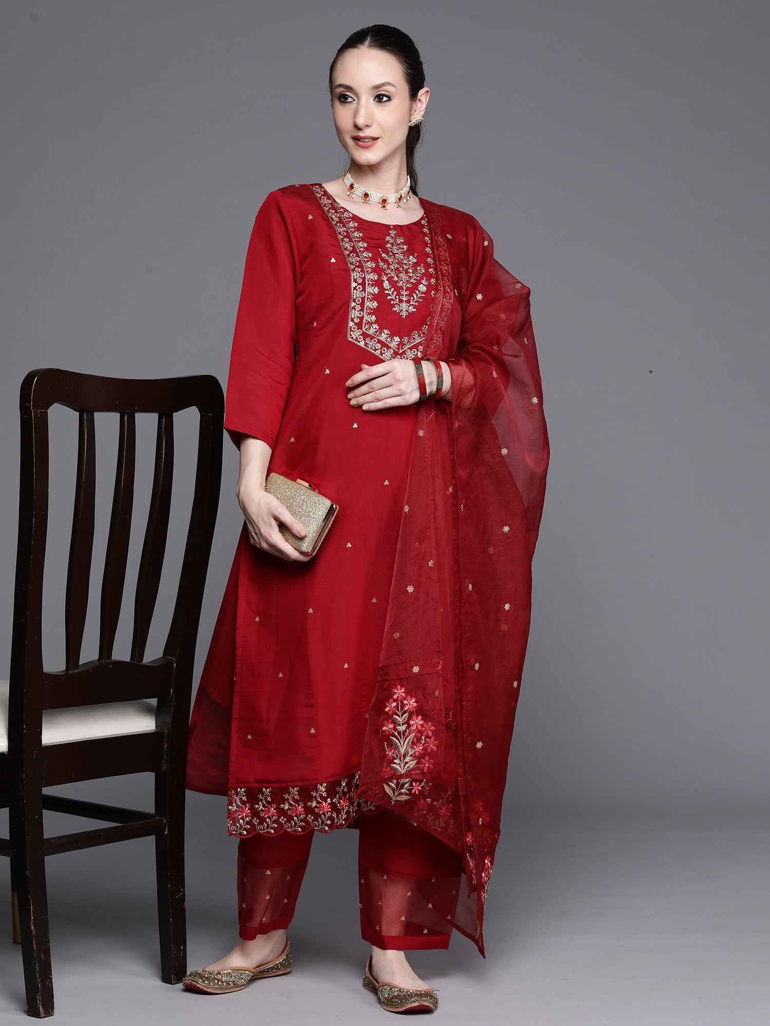 Indo Era Maroon Embroidered Ethnic Straight Kurta Trousers With Dupatta Set