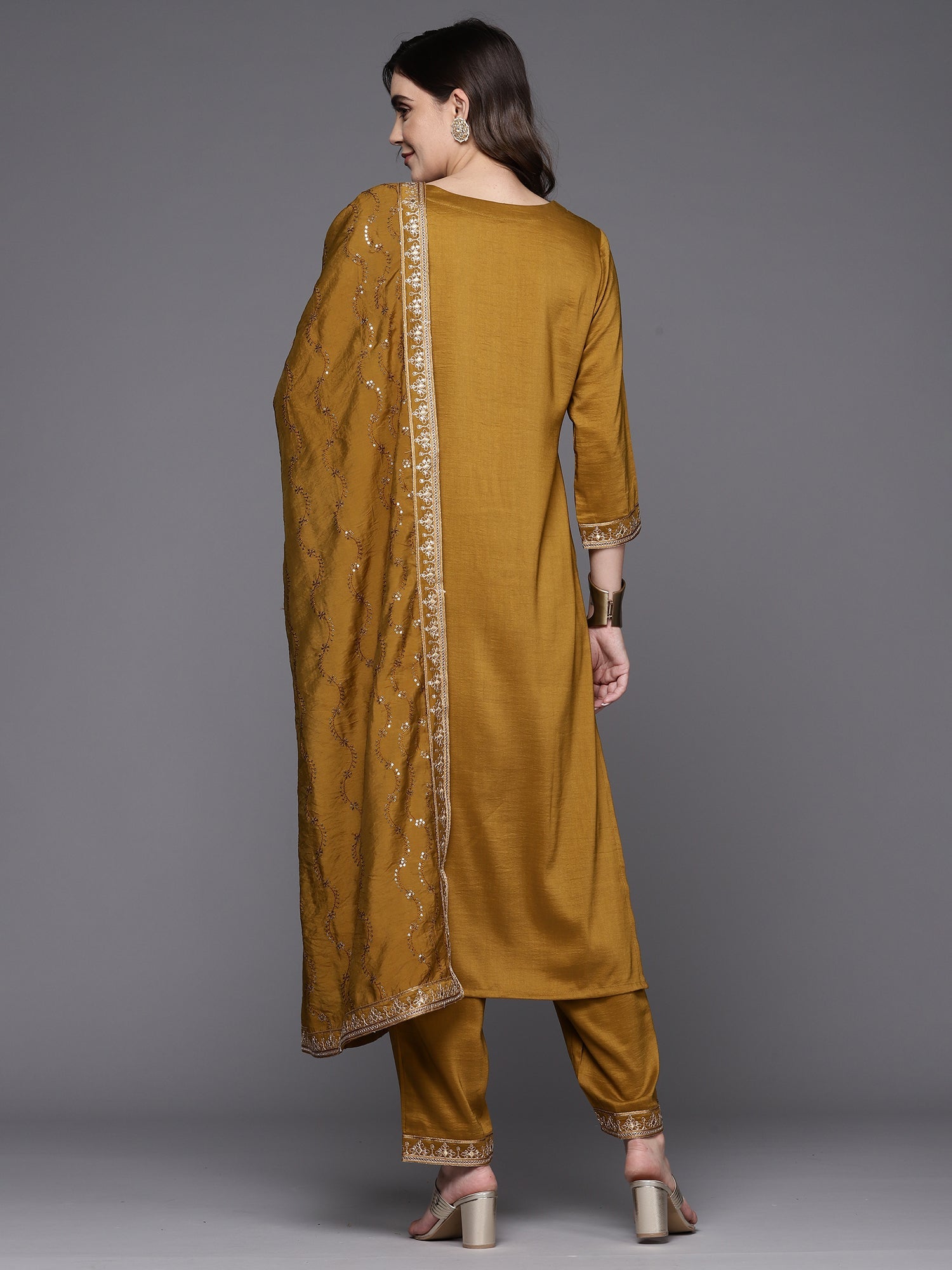 Indo Era Mustard Embroidered Straight Kurta Trousers With Dupatta Set