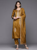 Indo Era Mustard Embroidered Straight Kurta Trousers With Dupatta Set
