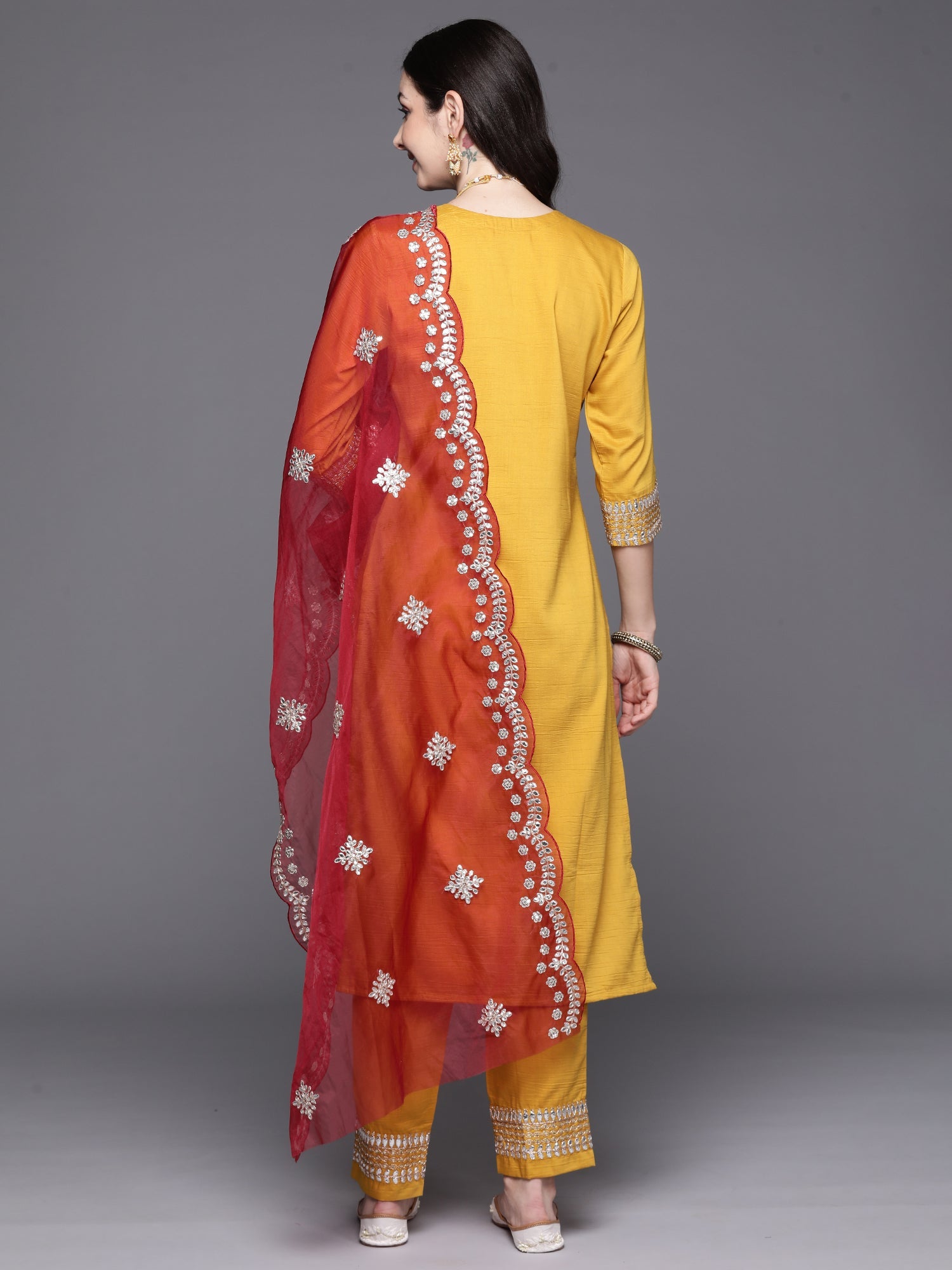Indo Era Mustard Embroidered Straight Kurta Trousers With Dupatta Set