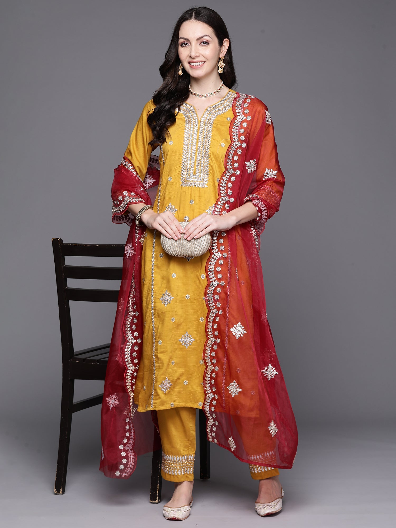 Indo Era Mustard Embroidered Straight Kurta Trousers With Dupatta Set