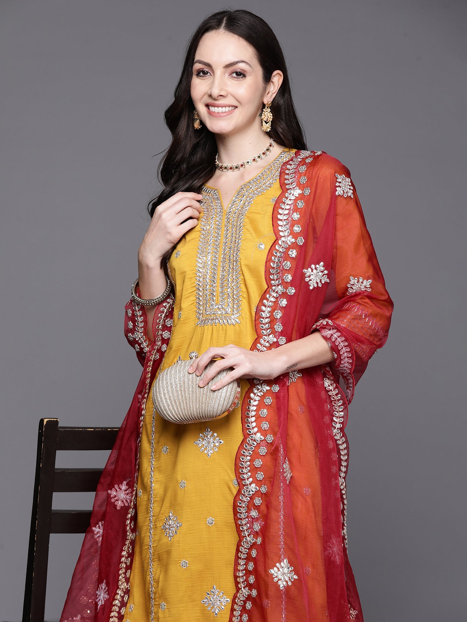 Indo Era Mustard Embroidered Straight Kurta Trousers With Dupatta Set