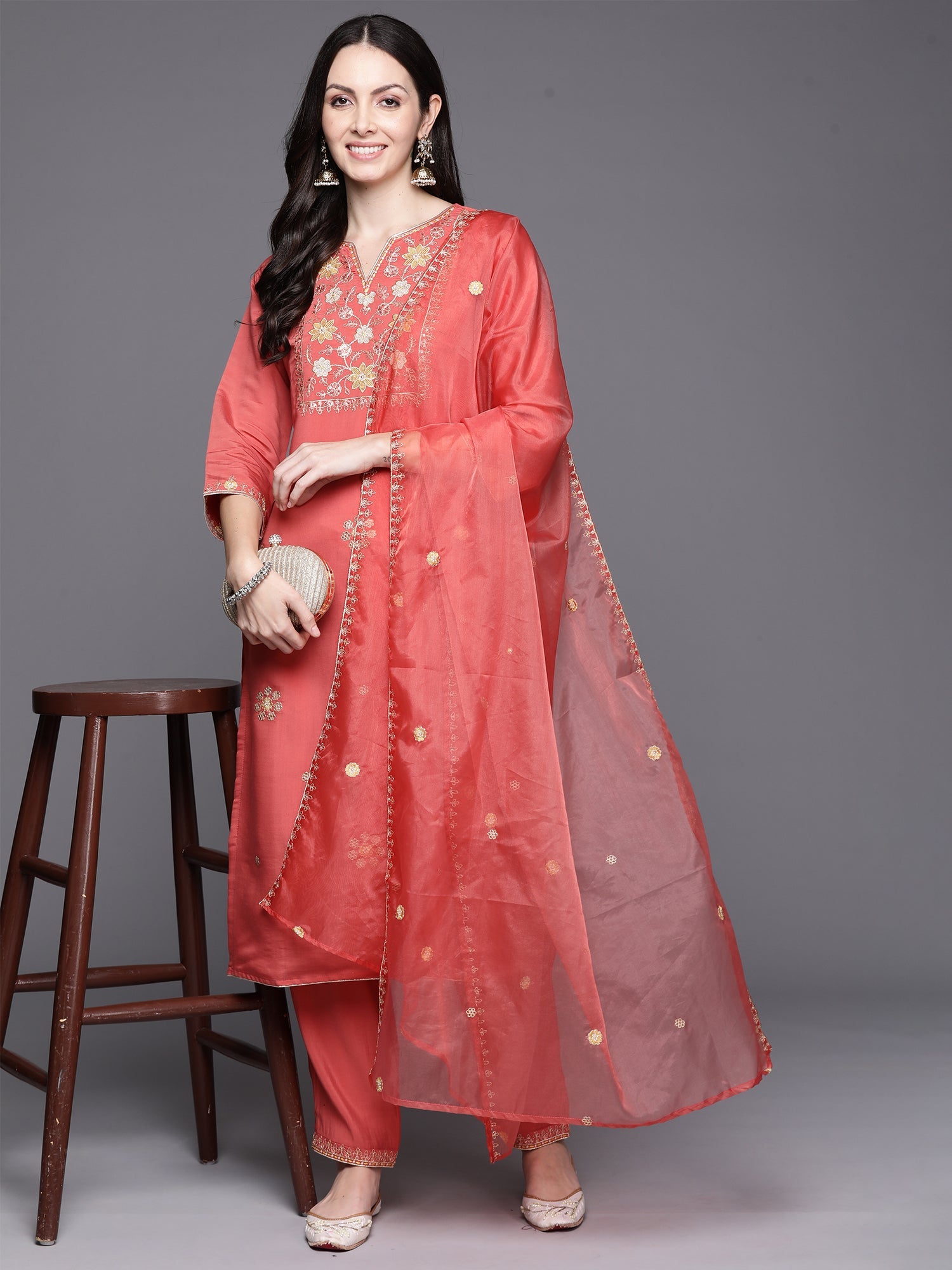 Indo Era Orange Embroidered Straight Kurta Trousers With Dupatta Set