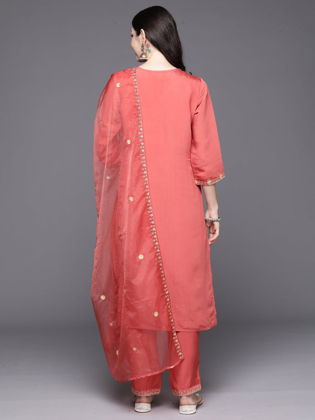 Indo Era Orange Embroidered Straight Kurta Trousers With Dupatta Set