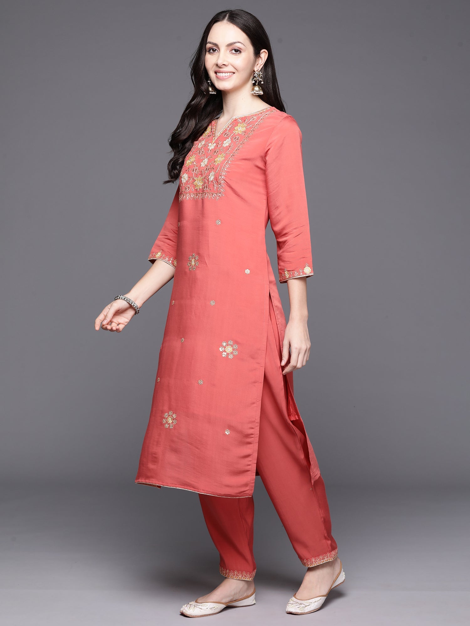 Indo Era Orange Embroidered Straight Kurta Trousers With Dupatta Set