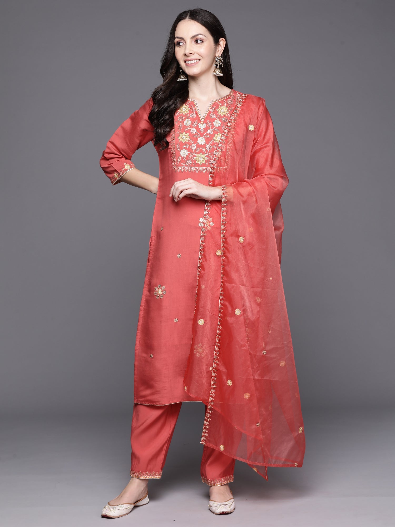 Indo Era Orange Embroidered Straight Kurta Trousers With Dupatta Set