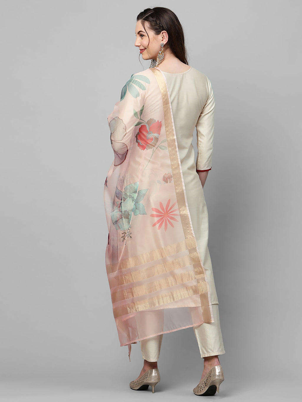 Indo Era Off White Embroidered Straight Kurta Trouser With Dupatta Set