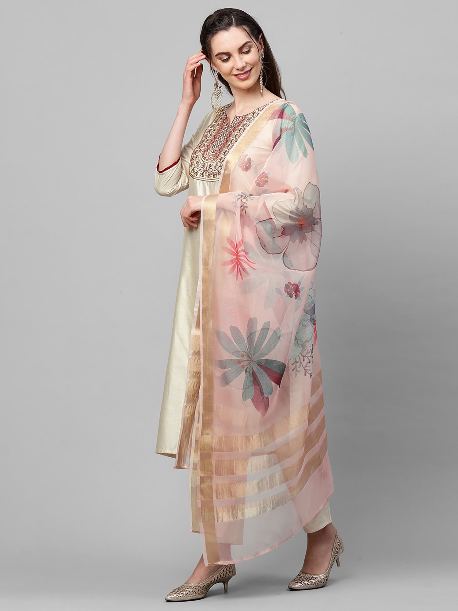 Indo Era Off White Embroidered Straight Kurta Trouser With Dupatta Set