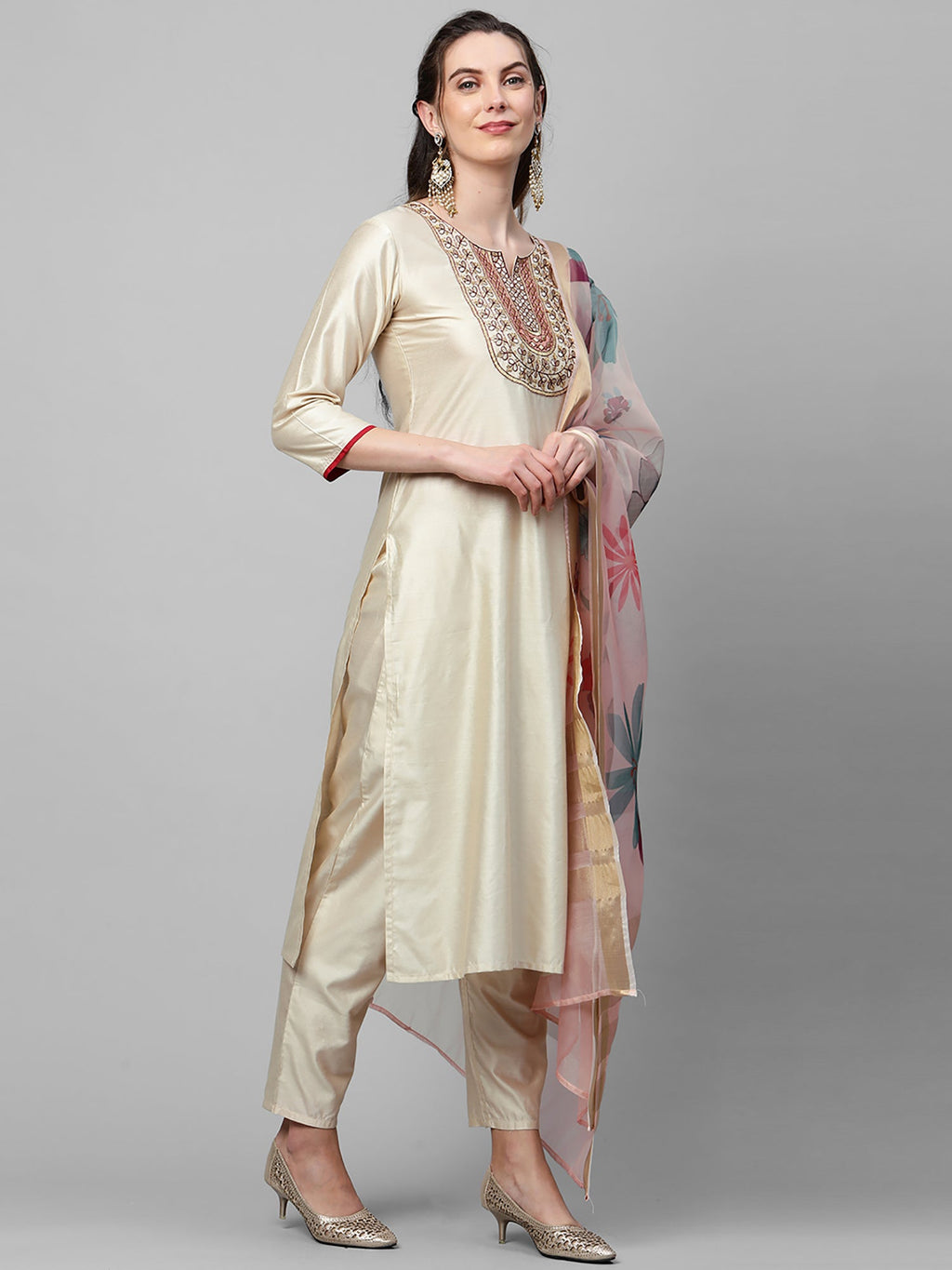 Indo Era Off White Embroidered Straight Kurta Trouser With Dupatta Set