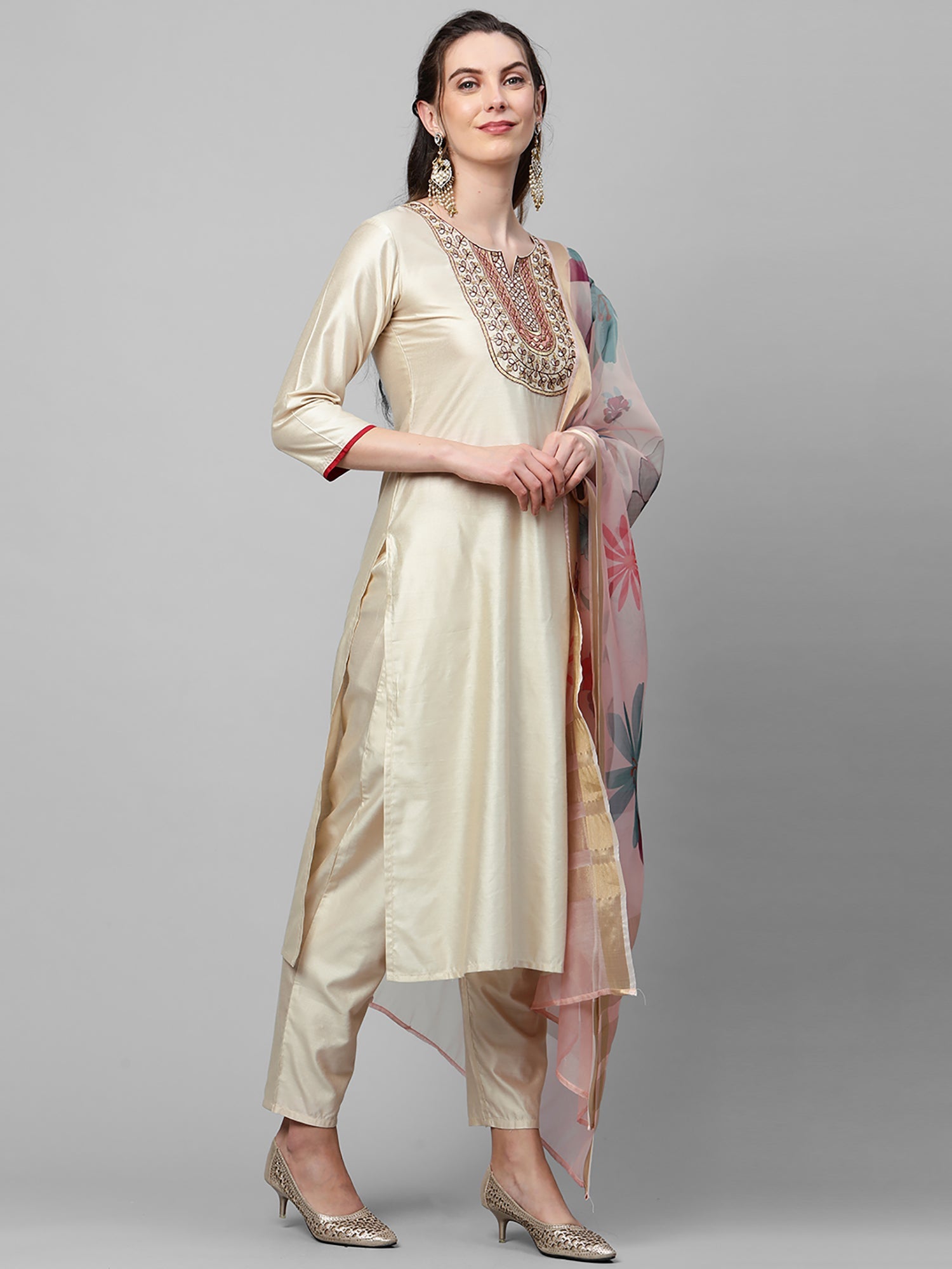 Indo Era Off White Embroidered Straight Kurta Trouser With Dupatta Set