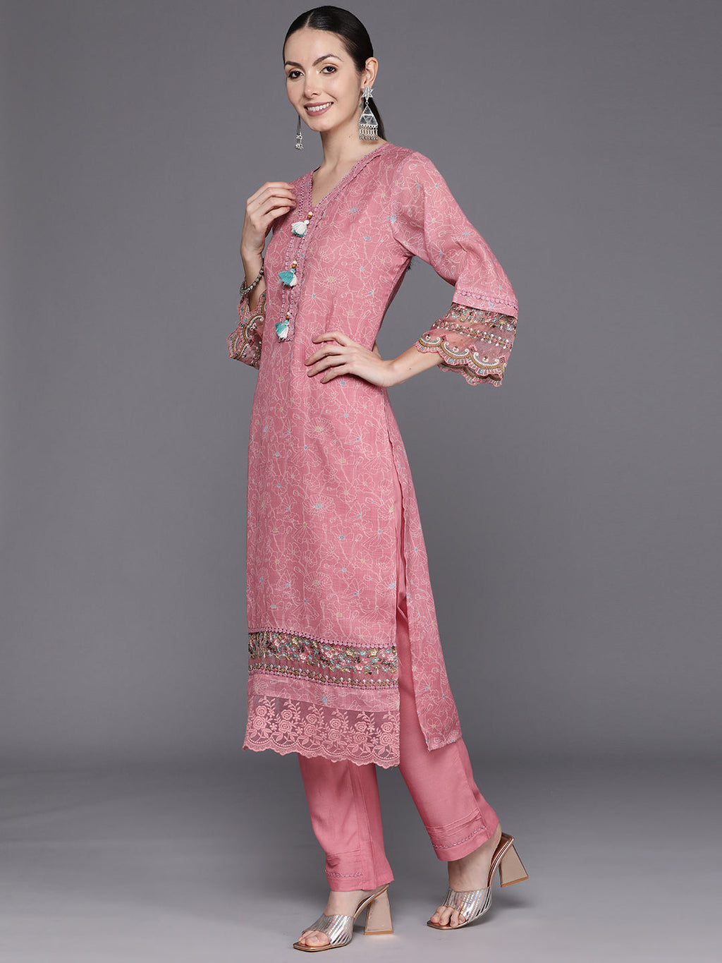 Indo Era Peach Embroidered Straight Kurta Trousers With Dupatta Set