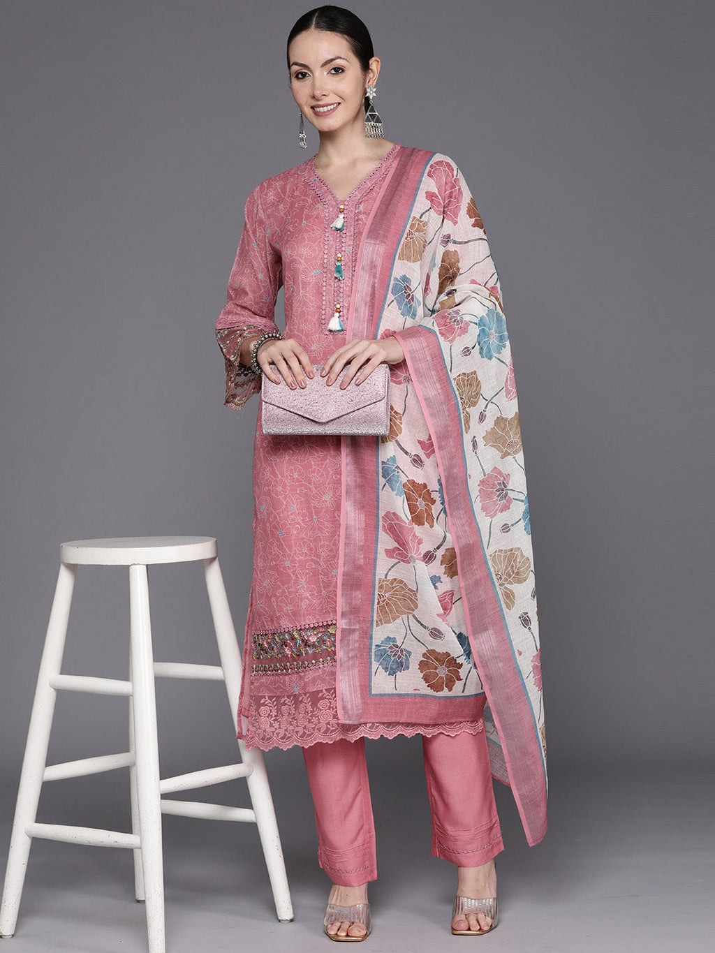 Indo Era Peach Embroidered Straight Kurta Trousers With Dupatta Set