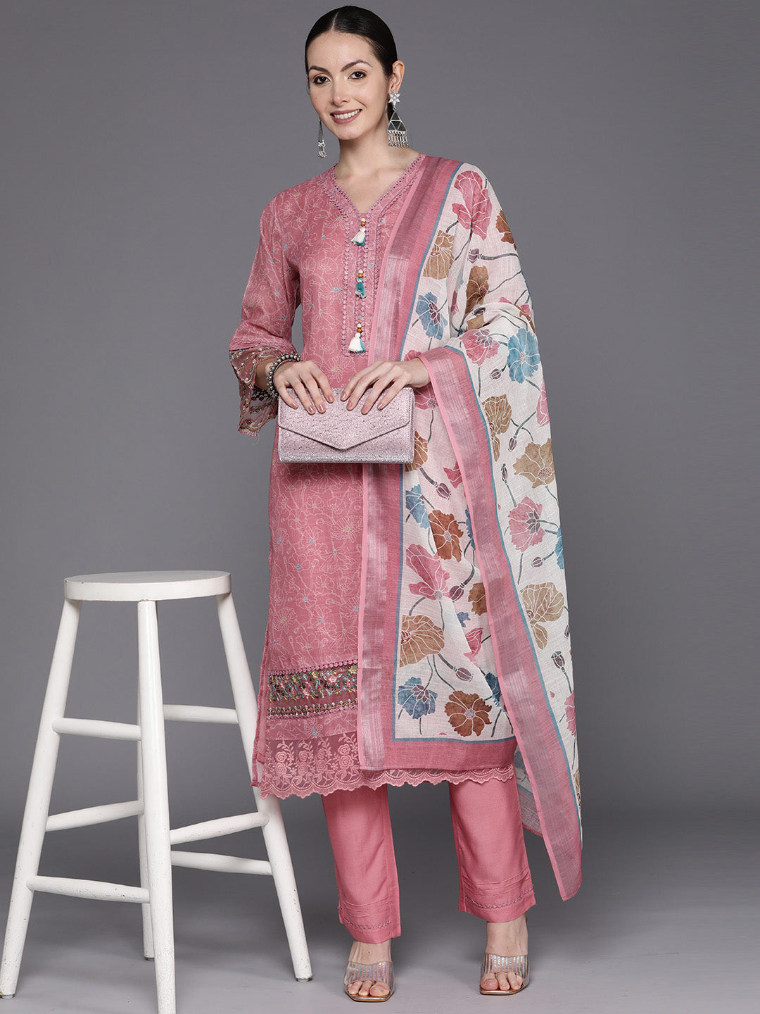 Indo Era Peach Embroidered Straight Kurta Trousers With Dupatta Set