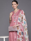 Indo Era Peach Embroidered Straight Kurta Trousers With Dupatta Set