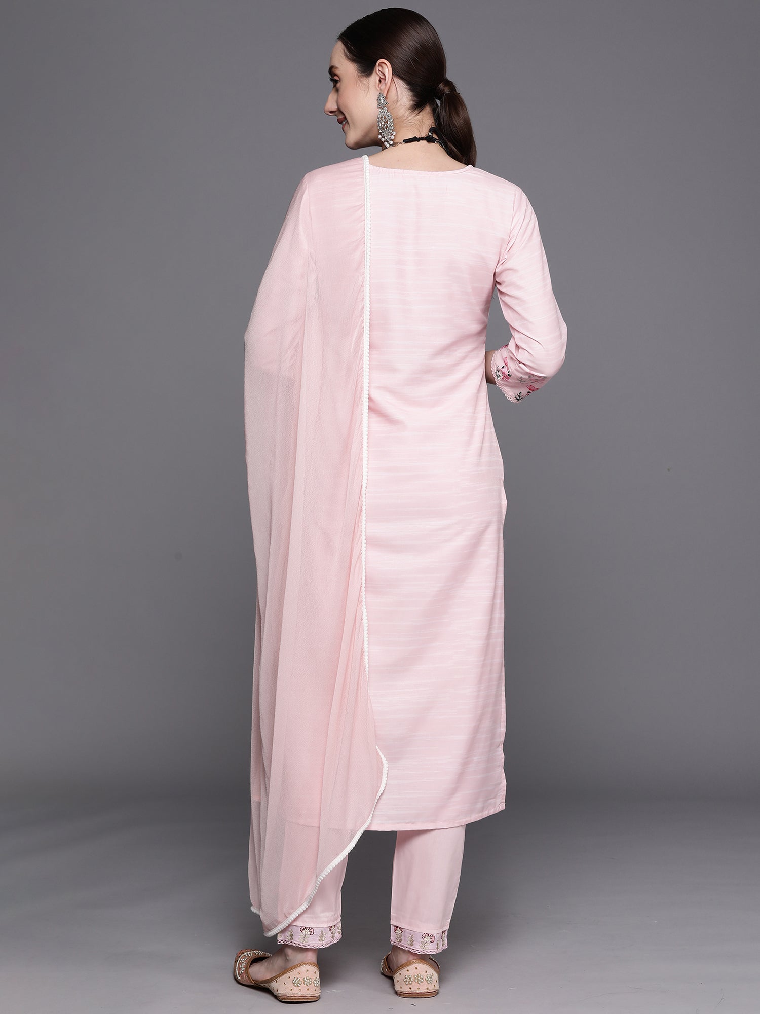 Indo Era Pink Embroidered Straight Kurta Trousers With Dupatta Set