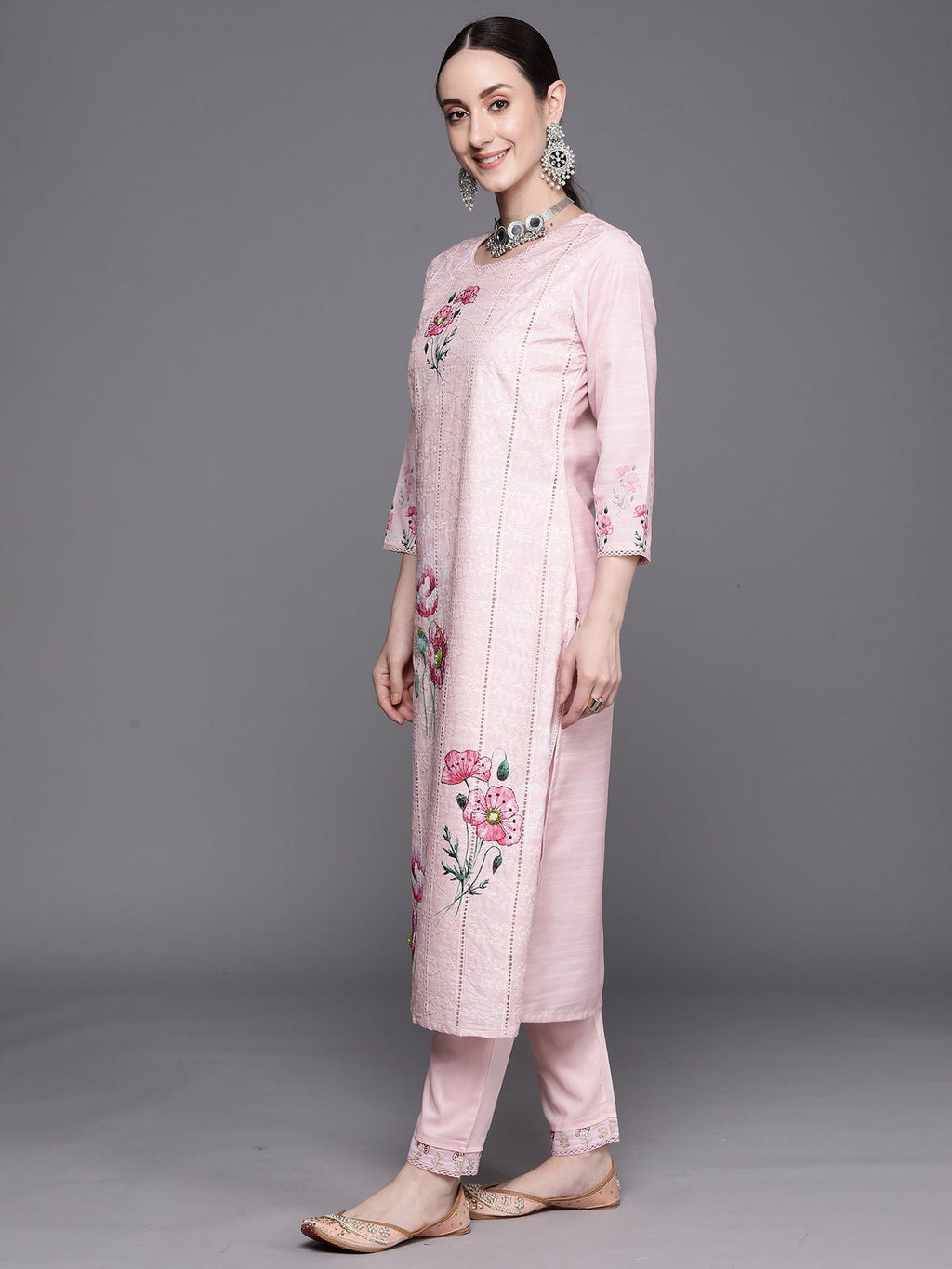 Indo Era Pink Embroidered Straight Kurta Trousers With Dupatta Set