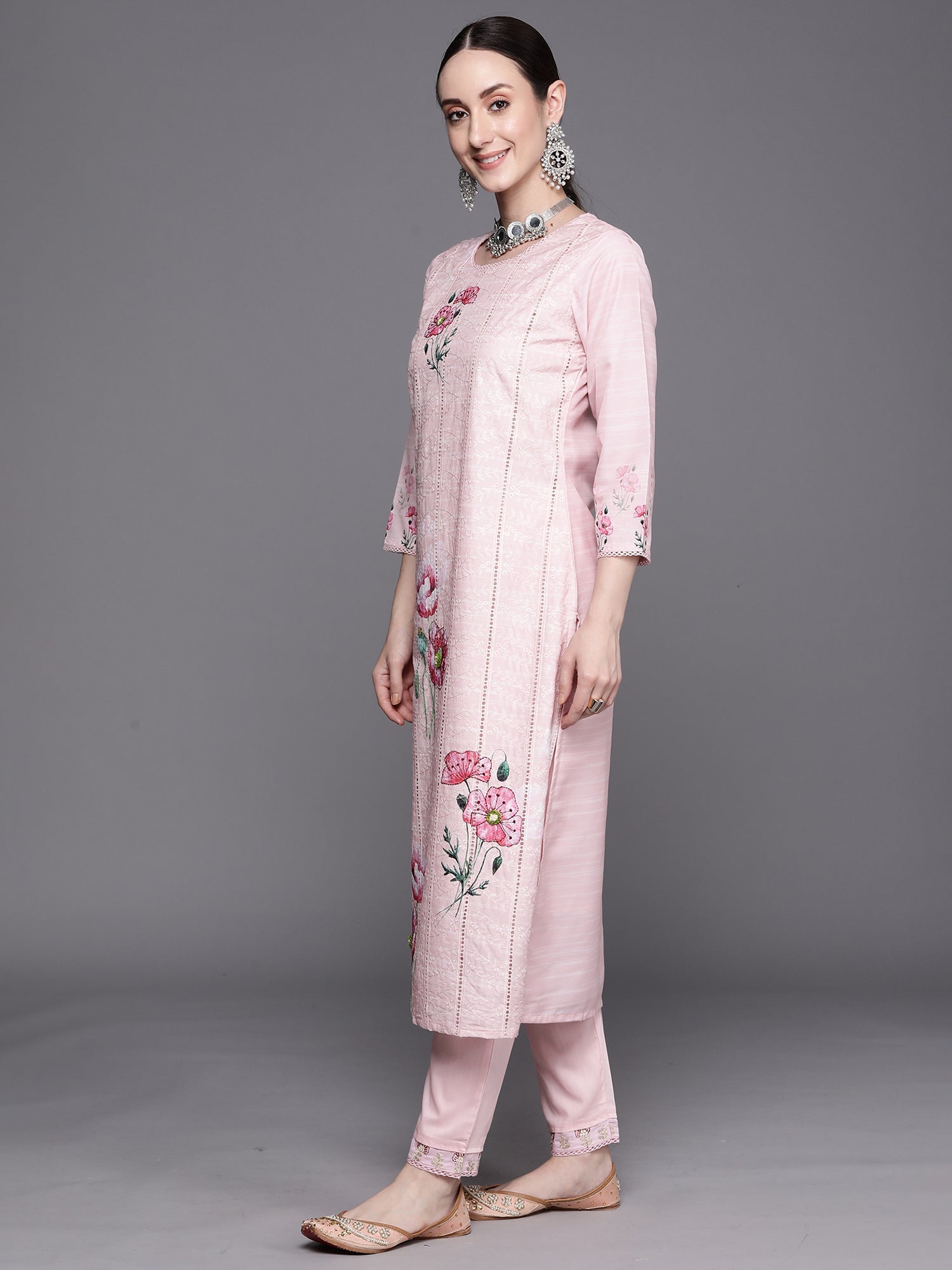 Indo Era Pink Embroidered Straight Kurta Trousers With Dupatta Set