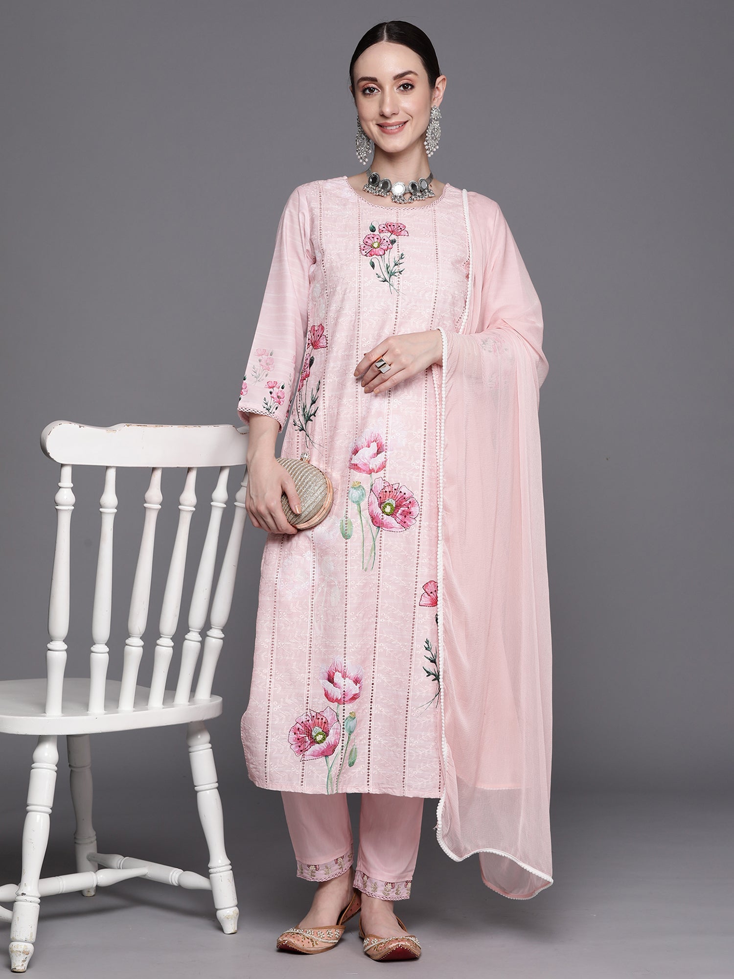 Indo Era Pink Embroidered Straight Kurta Trousers With Dupatta Set