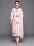 Indo Era Pink Embroidered Straight Kurta Trousers With Dupatta Set