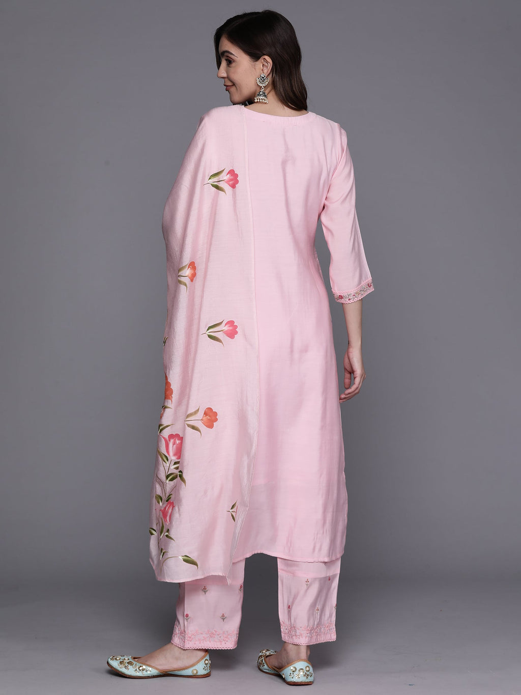 Indo Era Pink Embroidered Straight Kurta Trousers With Dupatta Set