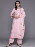 Indo Era Pink Embroidered Straight Kurta Trousers With Dupatta Set