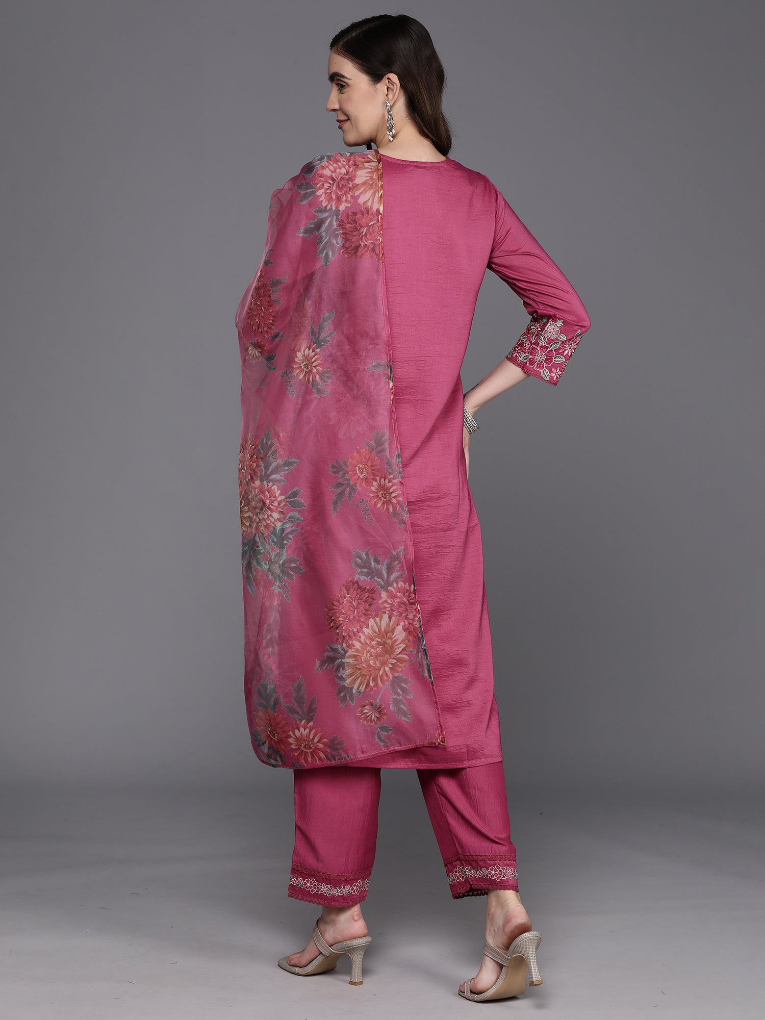Indo Era Pink Embroidered Straight Kurta Trousers With Dupatta Set
